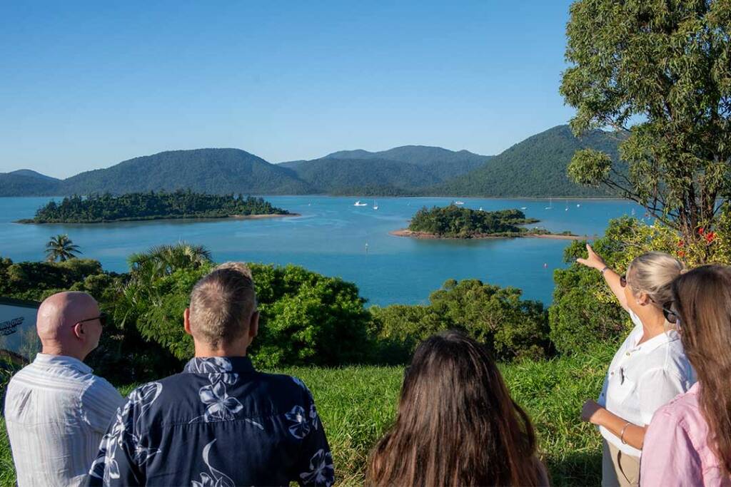 Driftwood tours guests overlooking islands at Shute Harbour